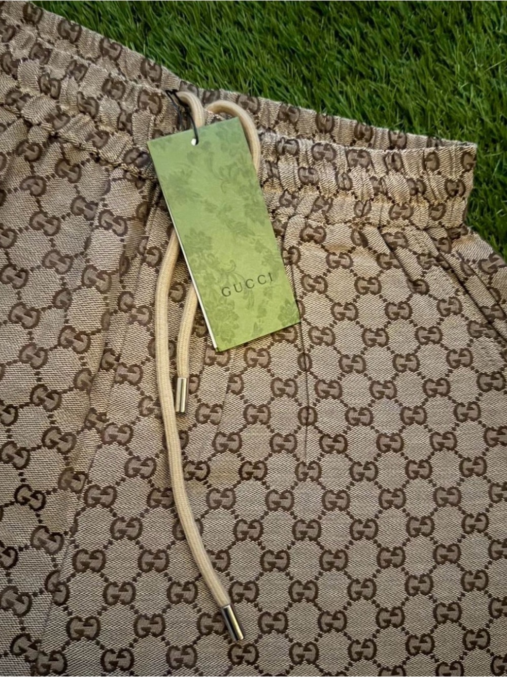 Gucci Tan and Brown GG Monogram Drawstring Shorts
